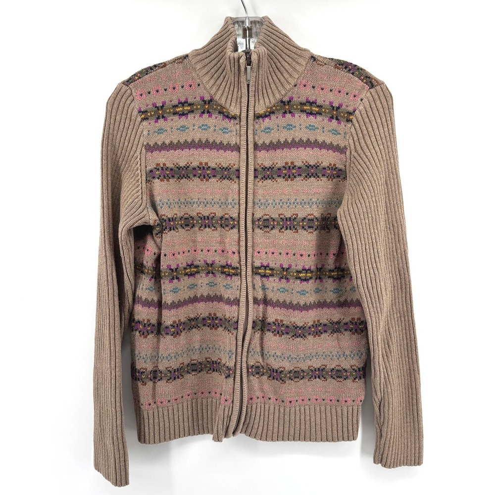 Chaps Cardigan Sweater Women L Taupe Fair Isle Full Zip Mock Neck Nordic Indie
